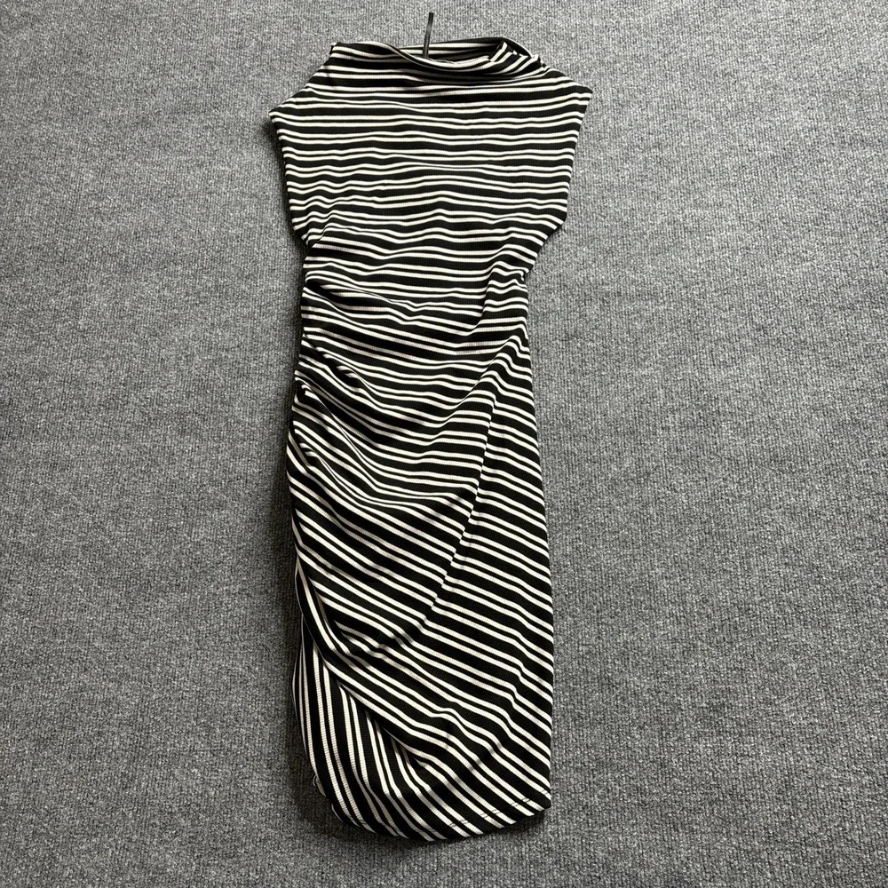 By Anthropologie Sleeveless Mock-Neck Rib Knit Bodycon Dress Black White XXS NWT